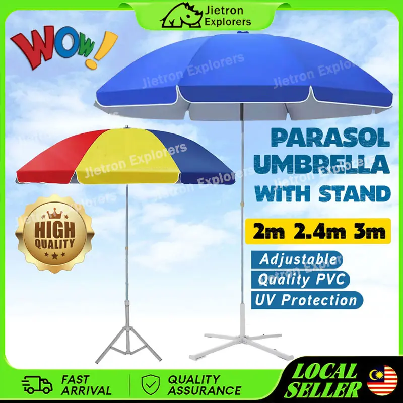 【Jietron Explorers】2.4M 3M Rainbow Parasol Umbrella With Stand UV Protection Umbrella Canopy Picnic Payung Besar Payung Pasar Malam