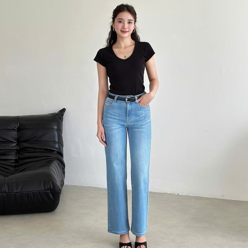[Rede] Quần Jeans Nữ Ống Suông Rộng, Cotton Co Dãn Thoải Mái, Form Suông Hiện Đại, Lưng Cao, Wash Hông Đùi Mềm Mại, Màu Xanh Nhạt (LS-02)