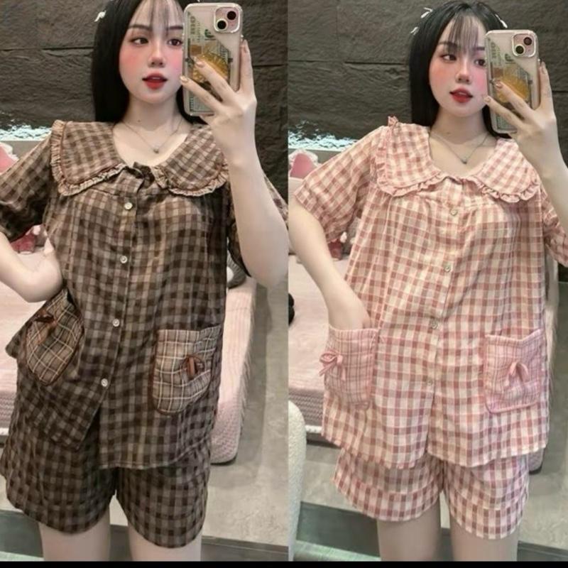 Bộ kẻ Nhung mềm cổ bèo áo cộc quần đùi ,từ 36kg-70kg