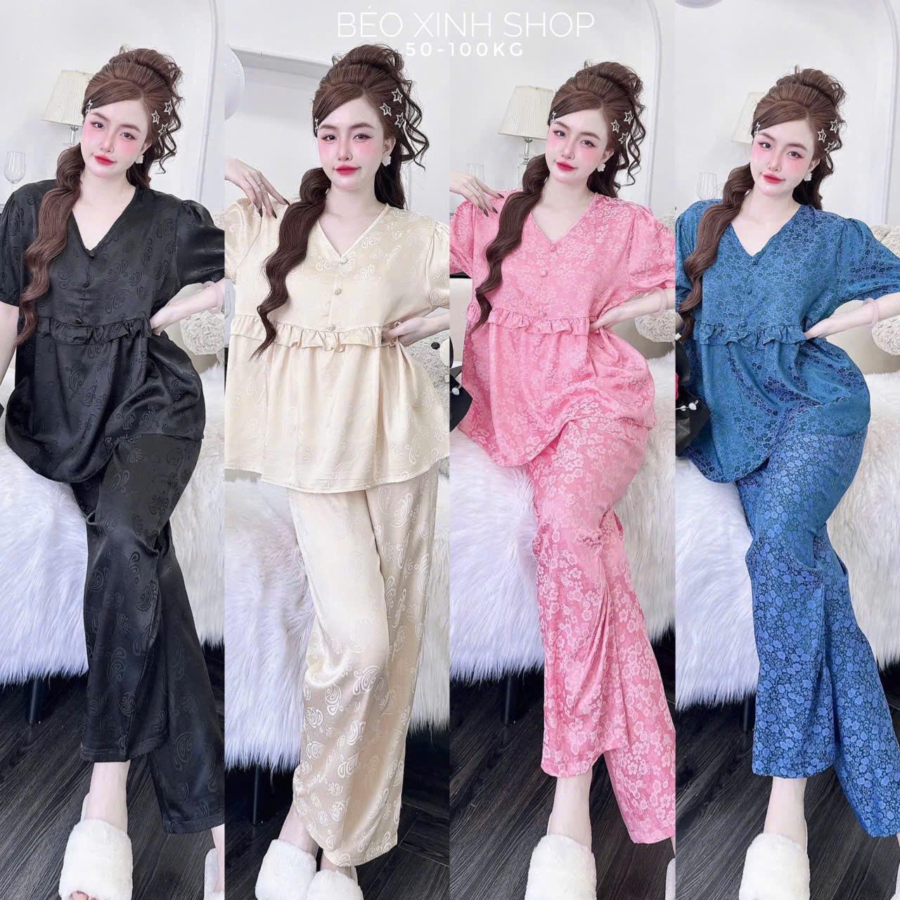 Đồ Bộ - Đồ Ngủ Tay Ngắn Quần Dài Vải Gấm 2 Da Mềm Mát Tiểu Thư Cao Cấp Thanh Lịch Pijama Bigsize 50-100kg Bộ Ngủ Nữ Áo Ngủ Women Quần Ngủ - A.5449