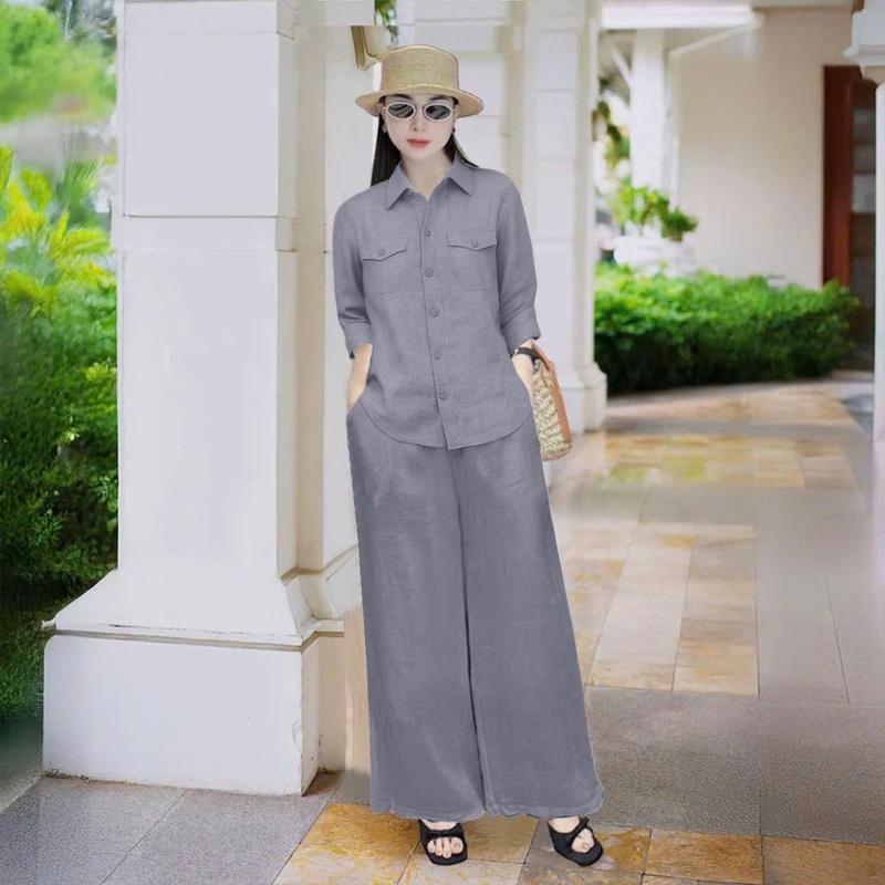  Sét Bộ nữ sơ mi 2 túi ngực - tay dài  quần ống suông  lưng thun phía sau  chất liệu Đũi tơ xước đã qua xử lý  không co rút - szie từ 40kg tới 75kg 