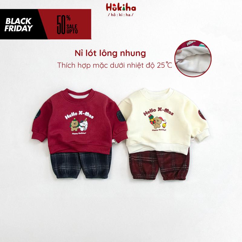   Hokiha  B298- Bộ quần áo đáp tay gồm áo Noel nỉ lót lông nhung và quần dạ kẻ caro cho bé hình dễ thương vải mềm mịn ấm áp size 8-17kg 