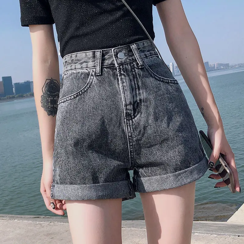 MAGCUN - Celana Pendek Jeans Wanita Denim Pinggang Tinggi Snow