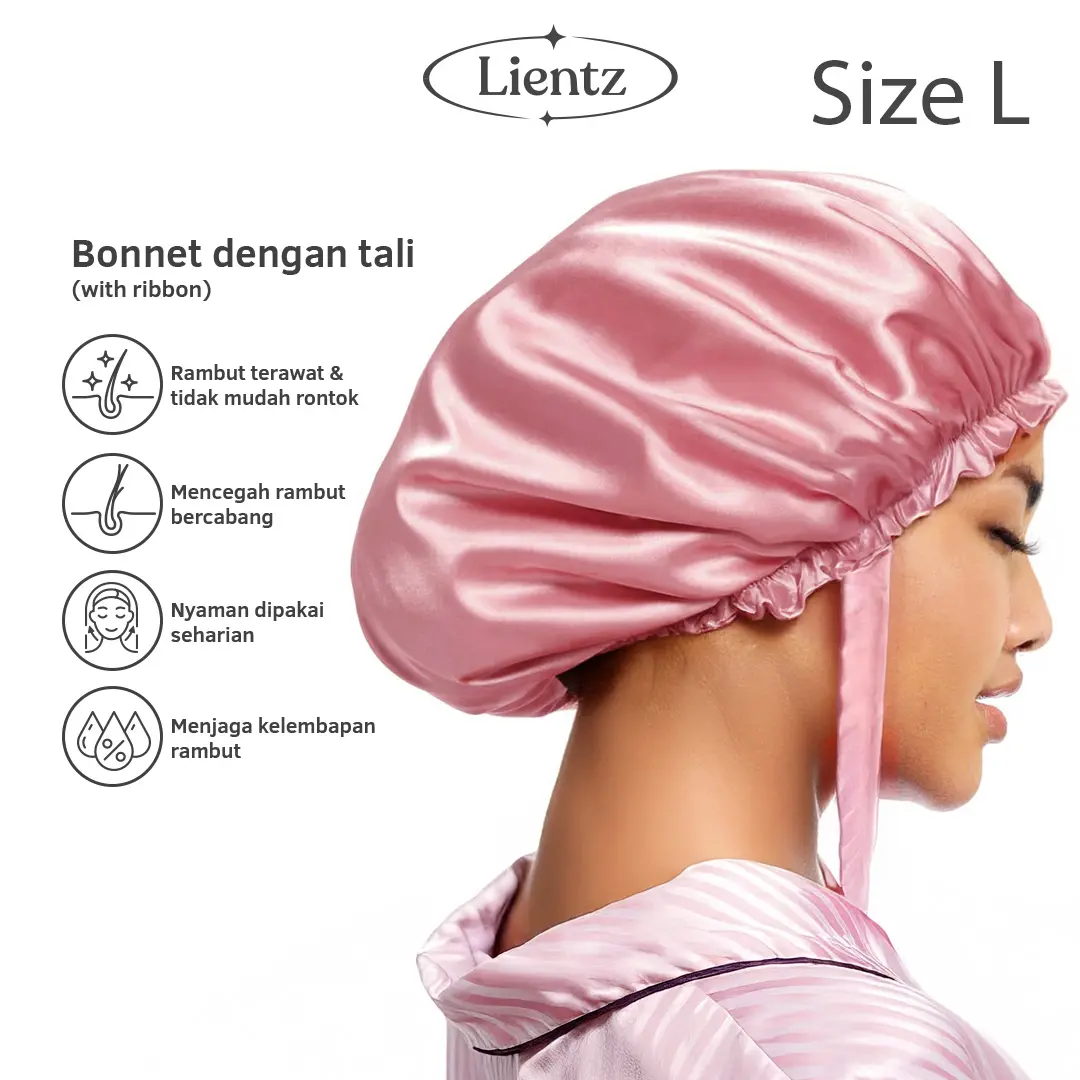 Hair Bonnet With Ribbon Premium Satin Silk (Size L) - Pelindung Rambut Saat Tidur