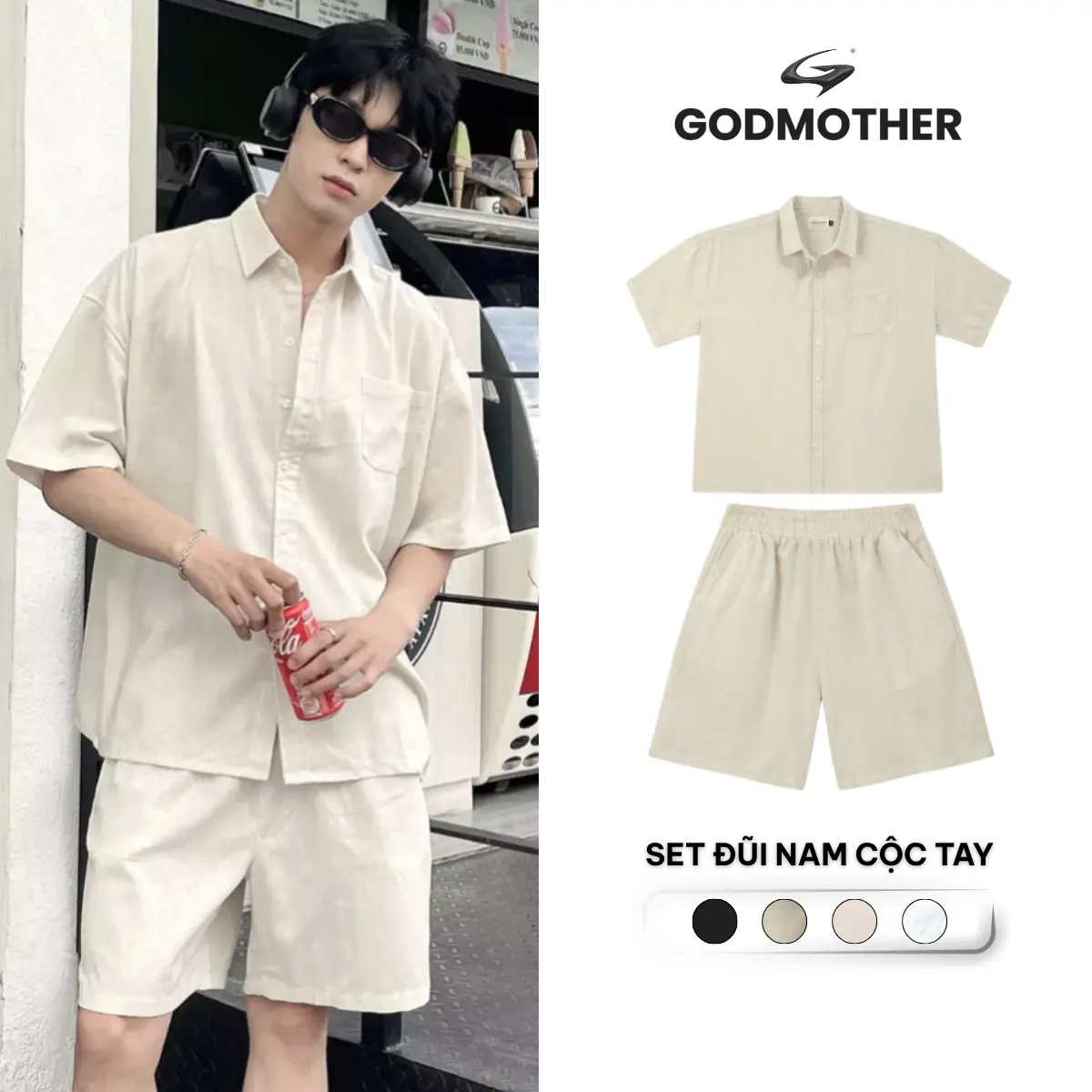 Đồ Bộ Nam GODMOTHER Set Đũi Nam (Áo + Quần) Áo Sơ Mi Đũi Cộc Tay Đi Biển Mùa Hè Cao Cấp