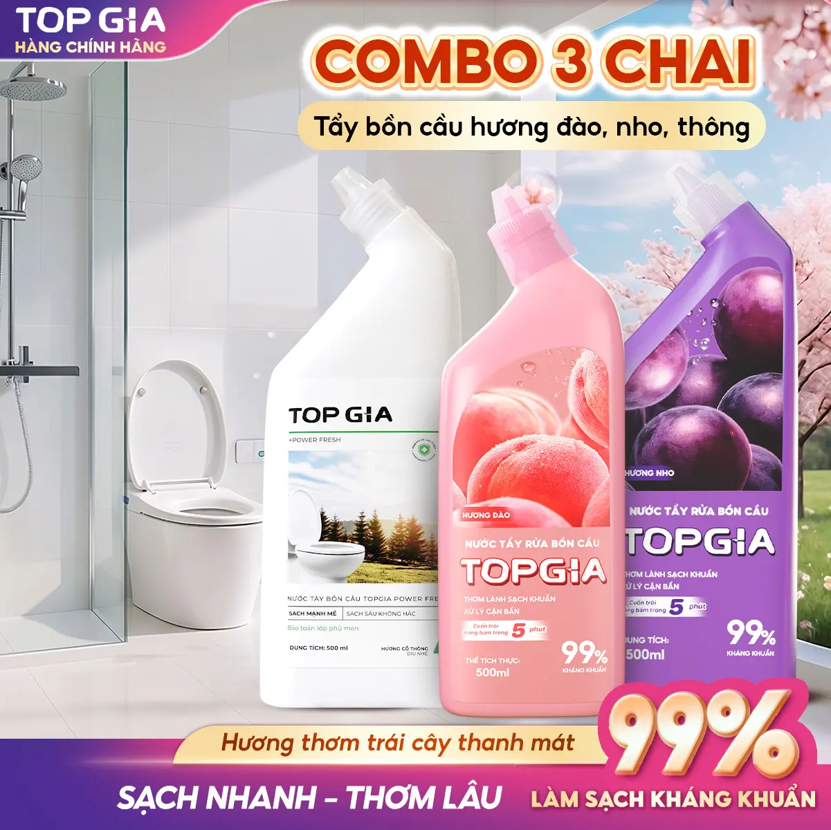 [ƯU ĐÃI THÁNG 6] Thùng 3 Chai Nước Tẩy Bồn Cầu TOPGIA Sạch Bẩn, Sạch Khuẩn - Tẩy Sạch Mạnh Mẽ & Nhanh Chóng - An Toàn Cho Lớp Men - Mùi Hương Đào Thông Nho -Chất Tẩy Rửa Toilet Nhà Vệ Sinh - Kháng khuẩn 99.9%- Topgiaclean - TBCM F1344