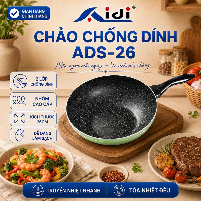 Chảo Chống Dính Nhôm Đúc Cao Cấp 26cm - Sâu Lòng 9cm AIDI ADS-26. Siêu bền - Đa năng