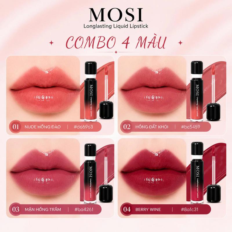 COMBO 4 Son Kem Bóng MOSI Longlasting Liquid Lipstick (4 x 1.8g) | Đủ 4 Màu Best Seller, Môi Căng Bóng Tự Nhiên son hồng baby