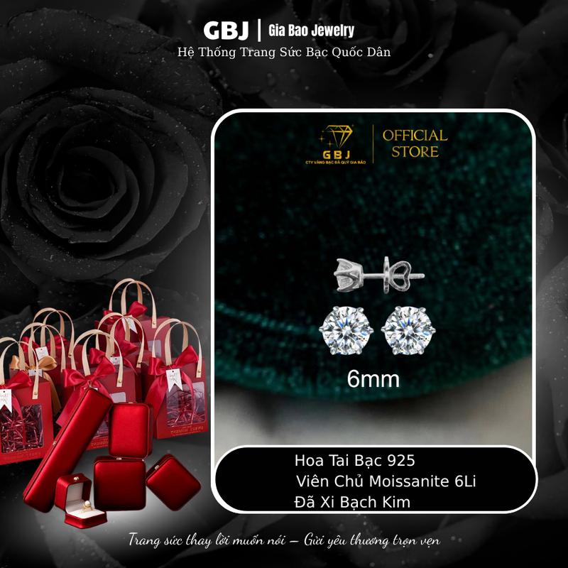[1 ĐÔI] Hoa Tai Bạc 6 Chấu (chốt vặn) XI KIM 6Li Viên Chủ Moissanite Sang Trọng Phong Cách Unisex GBJ322