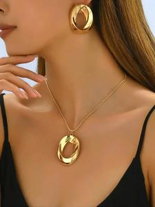 Elegant Geometric Design Pendant Necklace & Earrings, Fashionable Gold Color Jewelry Set for Party, Daily Decor, Trendy Exquisite Jewelry Accessories for Gift, Gifts for Wife