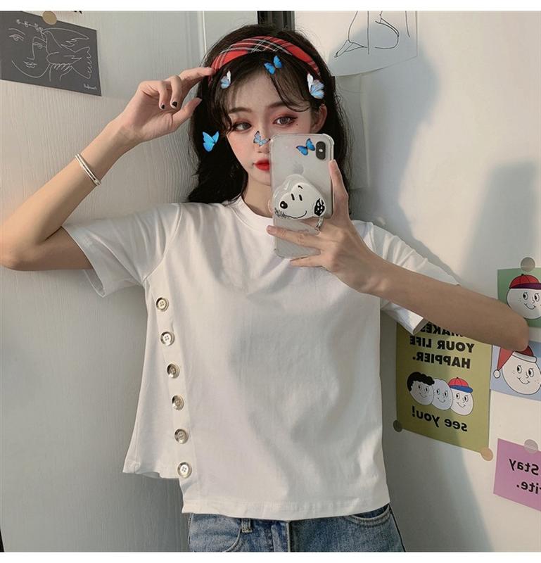 Product Introduction of Women's Short-Sleeved T-shirt 2020 Summer New Fashionable Stylish Ins Trendy Korean Versatile Short Type Design Sense Niche Top 16