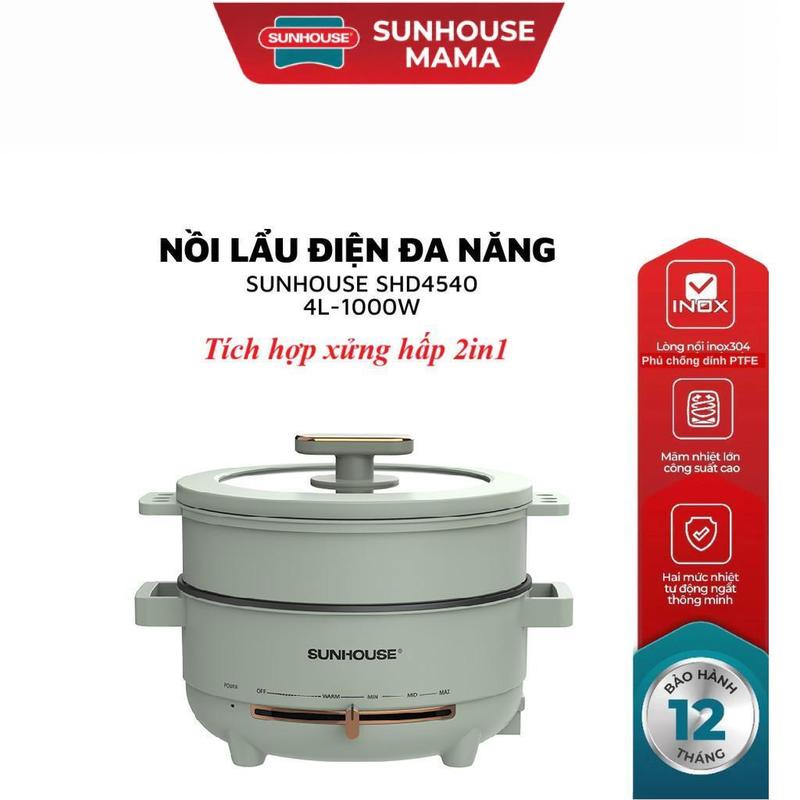 LẨU ĐIỆN ĐA NĂNG 4L SUNHOUSE SHD4540, Tích hợp xửng hấp 2in1, công suất 1000W, Lòng nồi inox chống dính PTFE