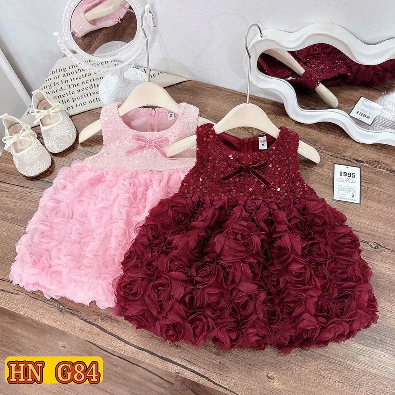  Váy dạ đỏ kim sa  KHÔNG KÈM ÁO  đính nơ ren hoa hồng cho bé gái diện tết 8-20kg 