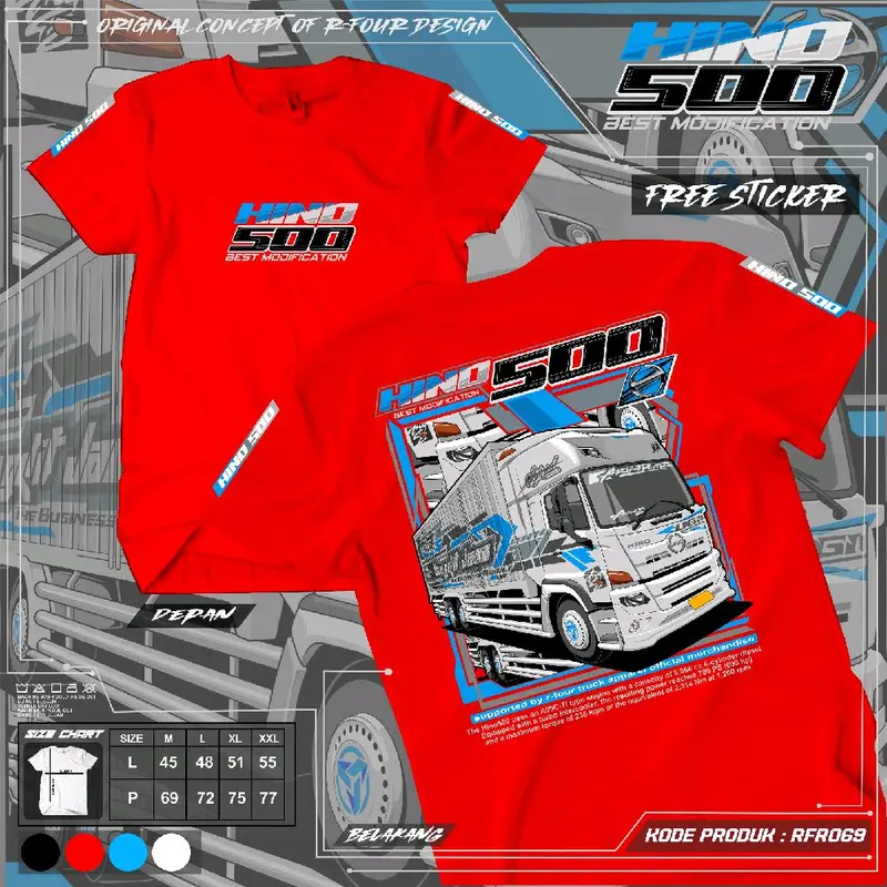 kaos truk hino 500 rfr 69 baju driver truk hino 500 Distro Pendek Lembut Panjang Pria Keren Sablon Soft Katun Hitam Standar Polos Oblong Nyaman Combed Lokal Anime Motor T-Shirt 0