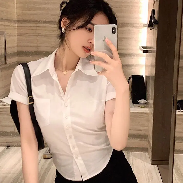 Korean Sweet White Short Shirt Women's Sexy Slim Short Sleeve Crop Top Ladies Button Polo Collar Elegant Blouse Top Women's Casual Fashion Clothing