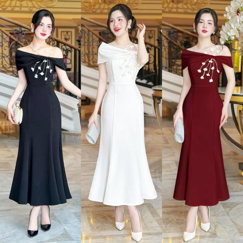   MIỄN SHIP  BST MDU5259 Váy Mango Ý Cao Cấp - Cổ Lệch Phối Tơ Tay Trễ Vai Dành Cho Nữ vay thiet ke cao cap đầm trắng dáng dài đầm đẹp đi tiệc cưới sang chảnh 