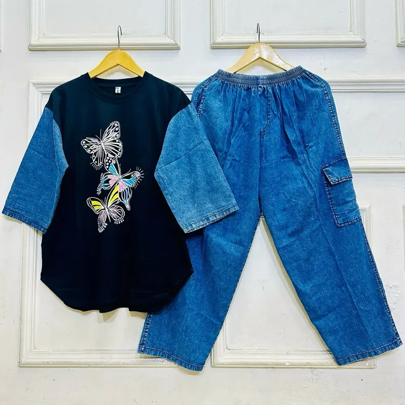 Baju Setelan Jeans Wanita Jumbo LD 120 Dewasa Atasan Kaos Combed 24s, Bawahan Celana Jeans Kulot Cargo Panjang Motif Sablon Adem dan Nyaman 3