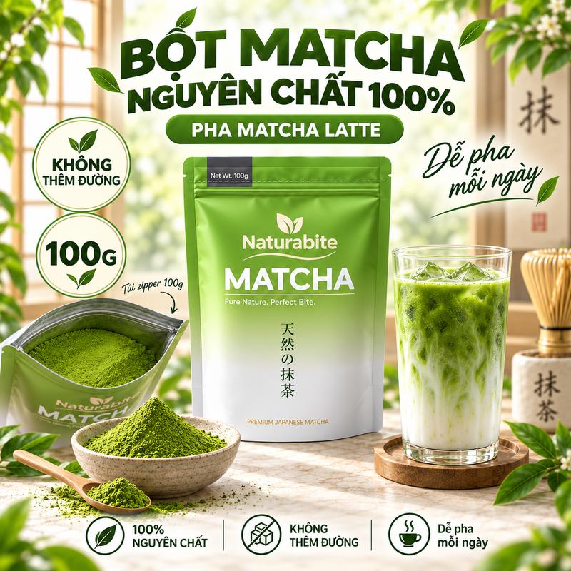 [VỊ DỄ UỐNG] Bột Trà Xanh Matcha Naturabite 100g Nguyên Chất | Trà Matcha Thanh Nhẹ, Không Thêm Đường, Pha Latte & Làm Bánh