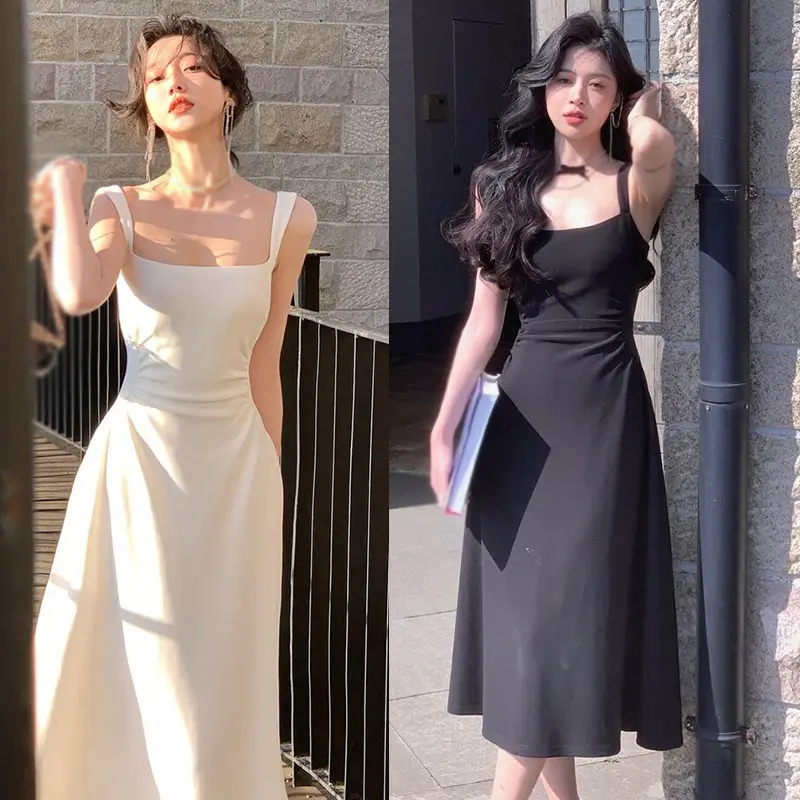Solid color Suspender dress Temperament dress Long Square collar