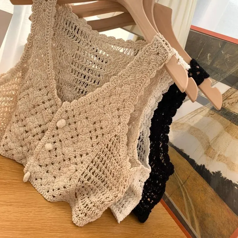 Áo Ba Lỗ Croptop Đan Áo Ba Lỗ, Thiết Kế Rỗng Phong Cách Cổ Điển, Dệt Kim Đi Biển, Cài Cúc, Áo Cardigan, Không Tay, Vải Sang Trọng Và Thường Ngày, Dành Cho Nữ 1