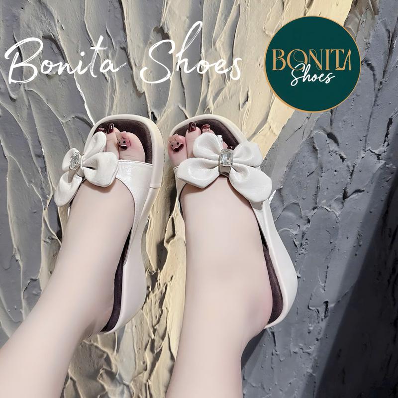  N1 Dép đế xuồng nữ quai nơ B ngang da mềm 6 cm - Bonita Shoes BM264 