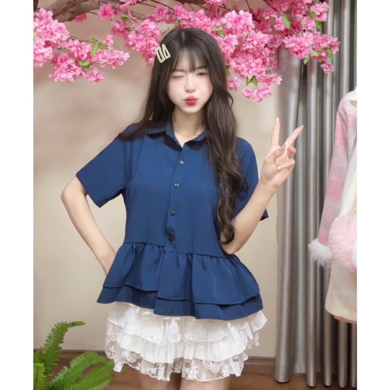 XẢ KHO NGHỈ BÁN Kozoda Áo sơ mi nữ SM402a chất đũi lì họa tiết kẻ sọc cổ sen dáng babydoll xòe tiểu thư ngắn tay phong cách thanh lịch
