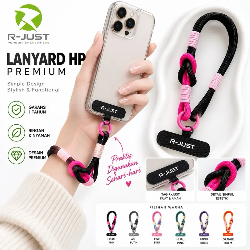 R-JUST Tali Lanyard HP Pendek PastelGrip - Gantungan HP Kekinian Anti Jatuh Simple Stylish untuk Ponsel dengan Desain Modis dan Kesesuaian Universal - Aluminium