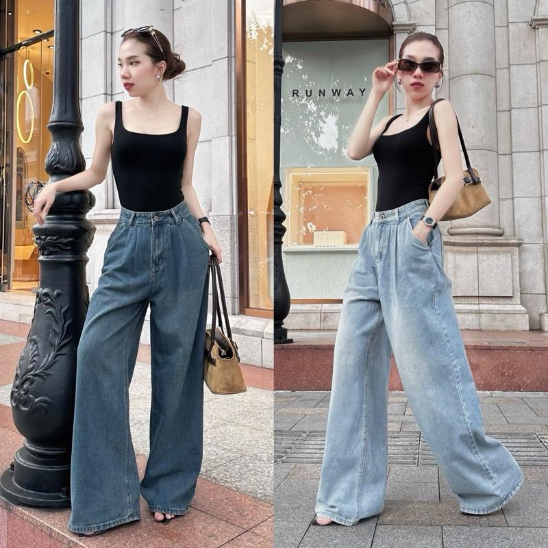 YURI JEANS - Quần Jeans Nữ Ống Rộng Phối Xếp Ly ( MÃ 80)