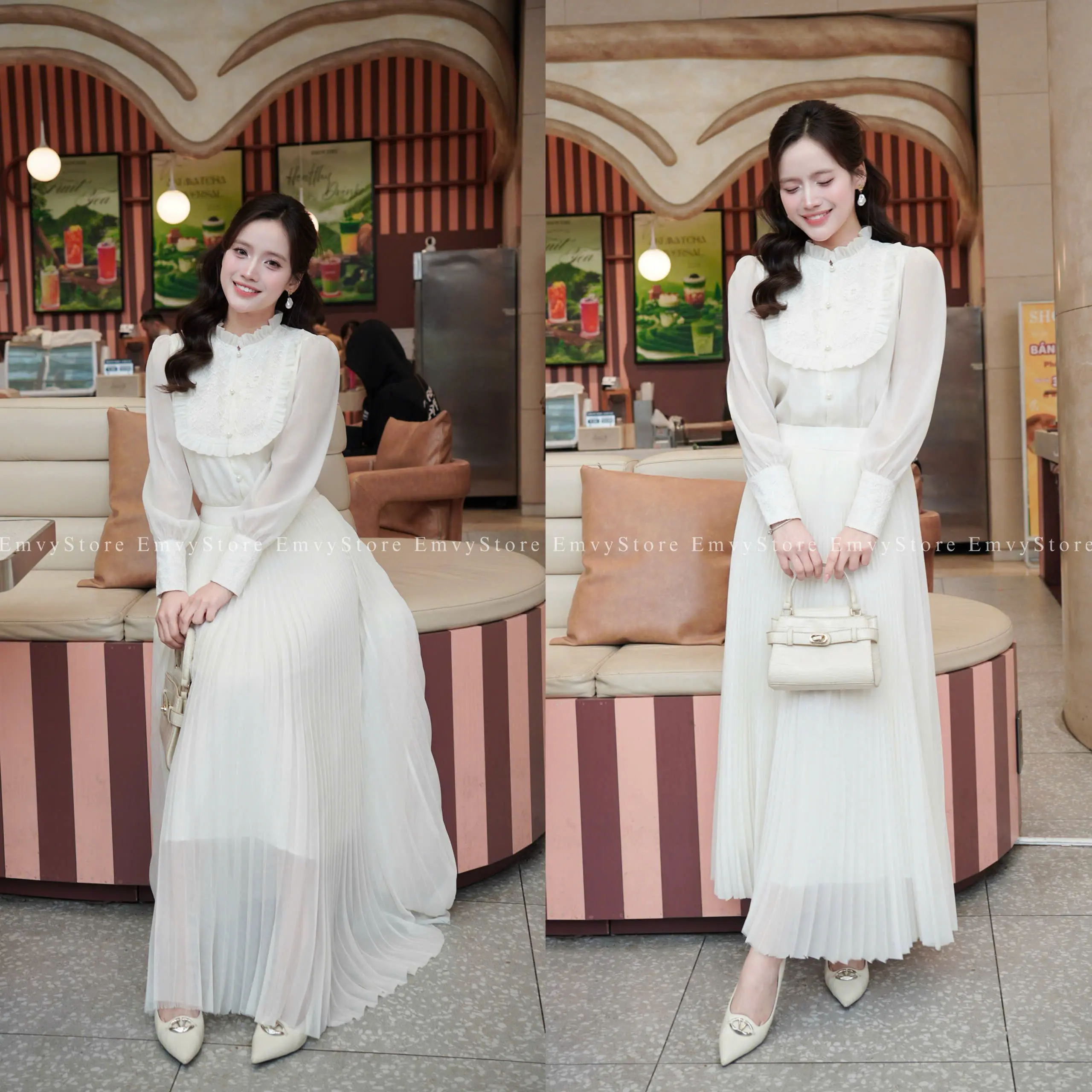 EV128-Emvy Clothing Set váy thiết kế chất tơ óng phối ren và chân váy xếp li xẻ quạt bồng bềnh với tay áo phồng tiểu thư sang trọng