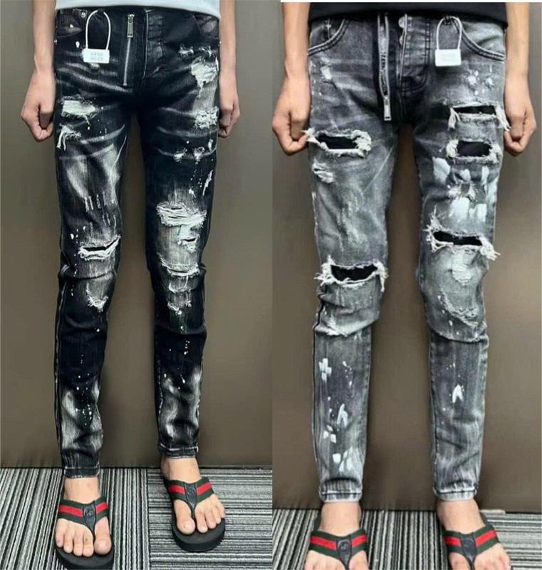  Quần jean nam ĐEN XÁM khói rách vá da khóa lệch boy phố Menswear Jean  Pants Cotton 
