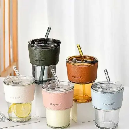Botol Minum Kaca Bening Aesthetic Bottle Tumbler 400 ml pakai box Gelas Coffee Cup Botol Anti Slip Tumpah pakai box 0
