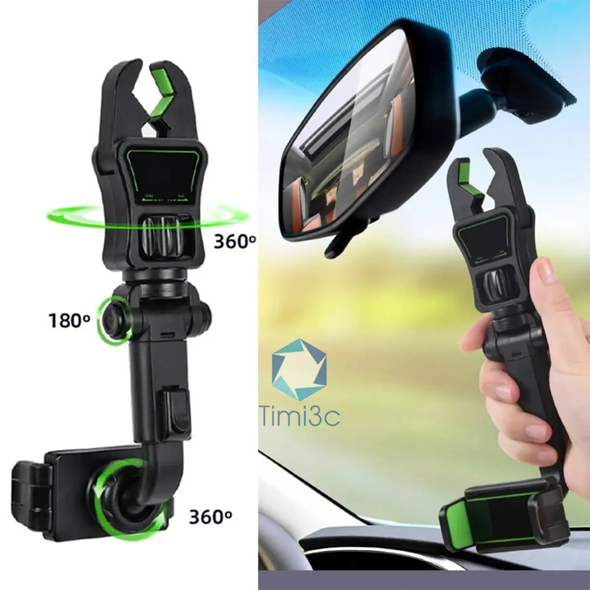 Pemegang Telefon Bimbit Universal TIMI3C dengan Klip Laras Boleh Laras GPS Serta-Merta Belakang Cermin untuk Tempat Duduk Kereta - Hitam Hijau Accessories Car