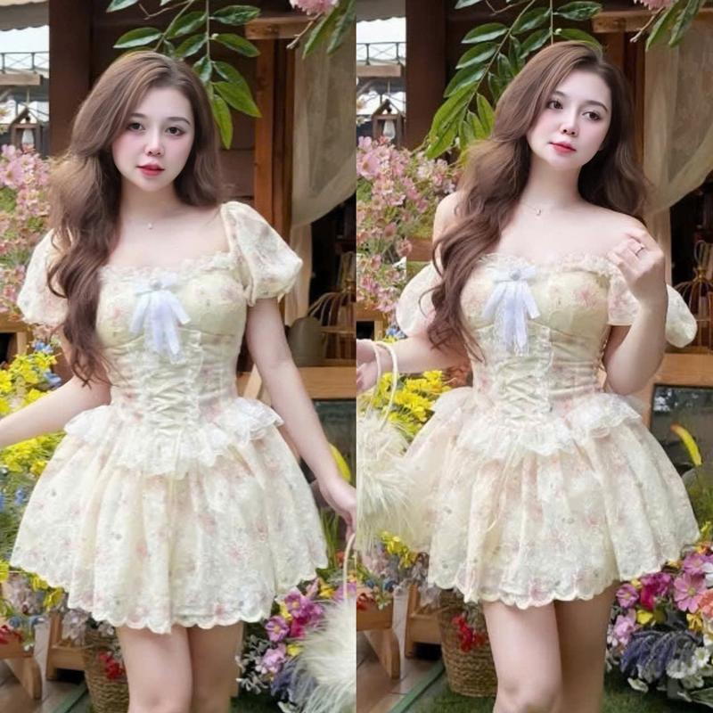ĐẦM váy nữ voan hoa phối ren 2 lớp cổ vuông tay phồng đính nơ phối tùng ngắn xòe siêu dễ thương tôn dáng phù hợp cho các nàng đi tiệc đi chơi đều xinh xăn đáng yêu