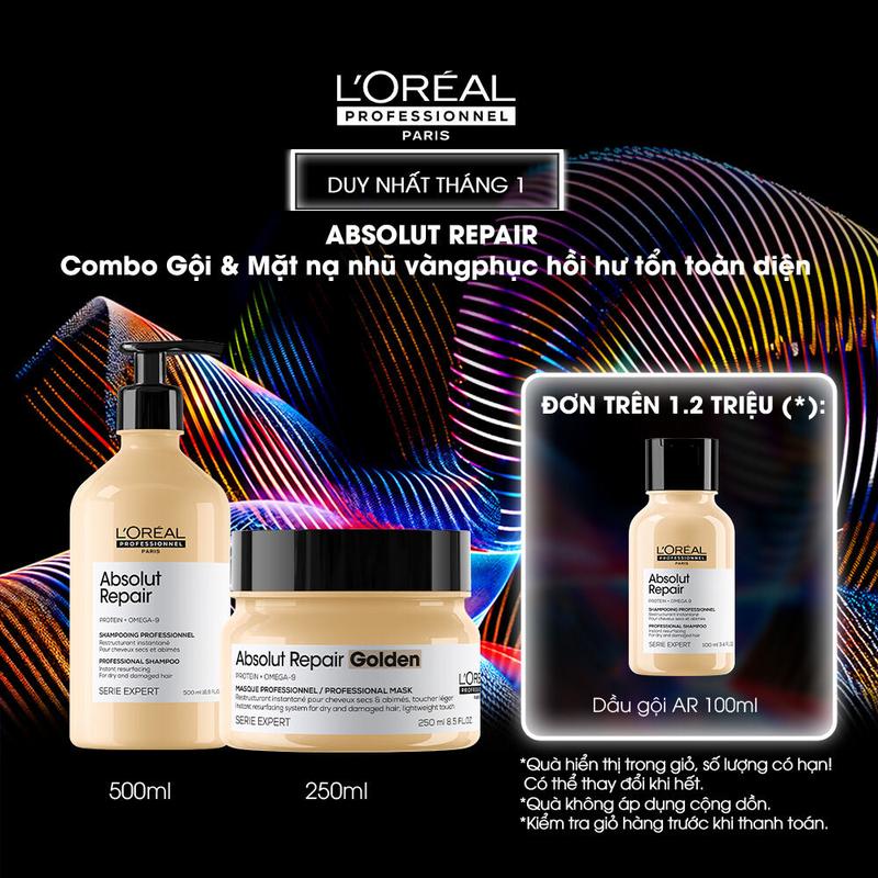 Combo Gội 500ml & Mặt nạ nhũ vàng 250ml phục hồi tóc hư tổn Serie Expert Absolut Repair Gold