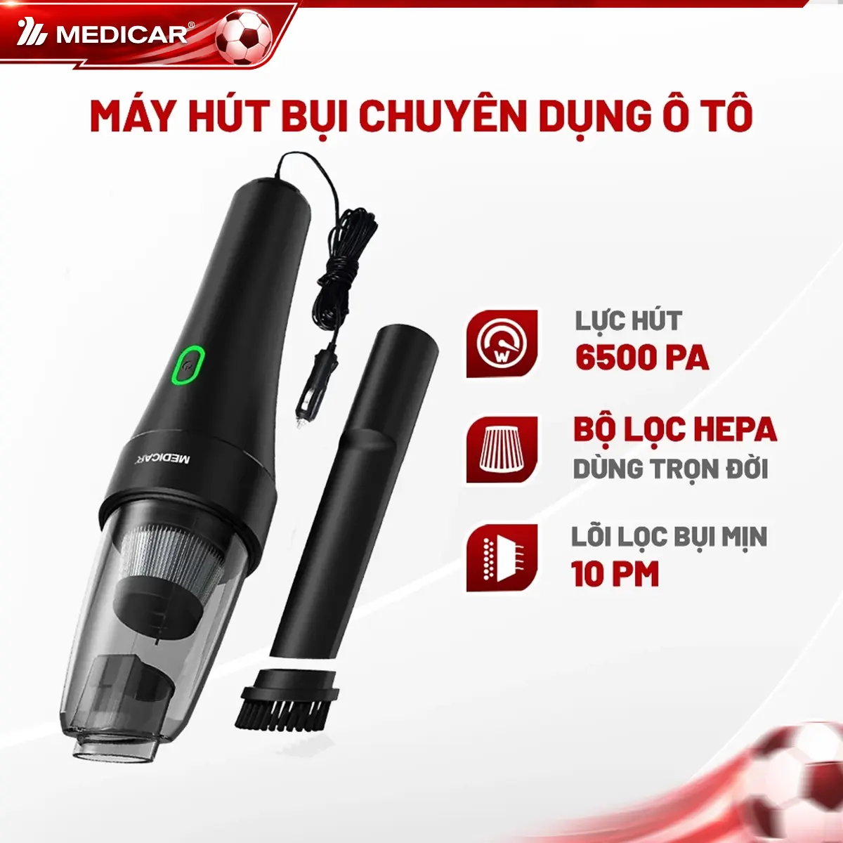 Máy Hút Bụi Ô Tô Có Dây MEDICAR - Lực Hút Mạnh - Cắm Tẩu 12V - Bộ Lọc HEPA Cao Cấp Giặt Và Tái Sử Dụng Được, Vòi Hút 2 Trong 1