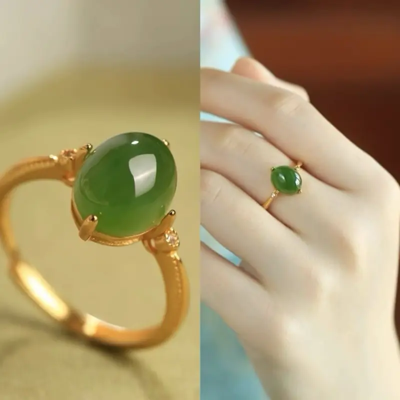 C04 Cincin giok Hetian alami terbuka yang dapat disesuaikan untuk wanita dengan desain ceruk jasper bermutu tinggi titanium