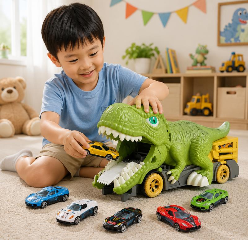 Bộ Đồ Chơi Khủng Long Nuốt 6 Xe Ô Tô Con Hợp Kim, Chất Liệu Nhựa ABS Cứng Cáp Bền Bỉ An Toàn