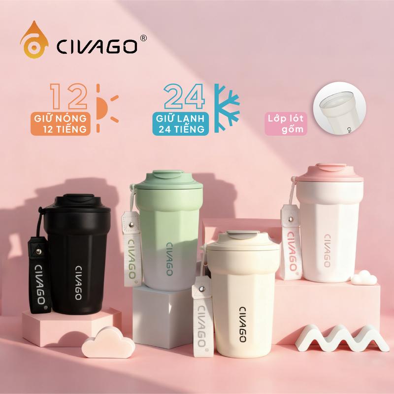  CIVAGO 13oz Cốc cà phê bằng thép không gỉ lót gốm có nắp bình giữ nhiệt chân không cốc đựng nước nóng và lạnh 