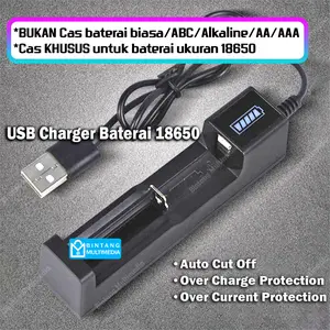 Charger USB Baterai 18650 Auto Cut Off Otomatis Cas Batre isi Ulang Led Indikator 1 Slot Adaptor Pengisi Daya Batrei Senter Police Swat Full Self Stop