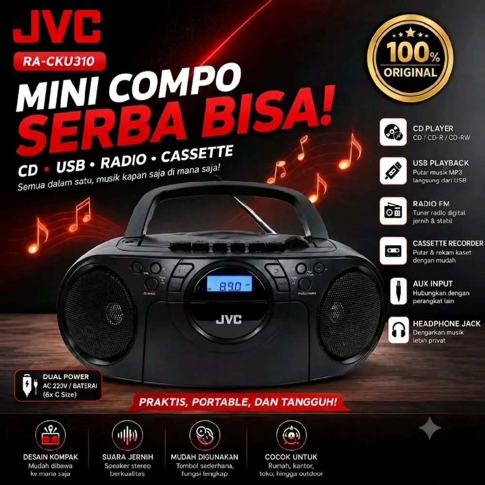JVC RA-CKU310 / JVC RA CKU310 Radio Mini Compo Multifungsi FM Digital Kaset USB Musik AUX Praktis Dibawa Kemana Saja Suara Jernih & Portabel Speaker Hitam