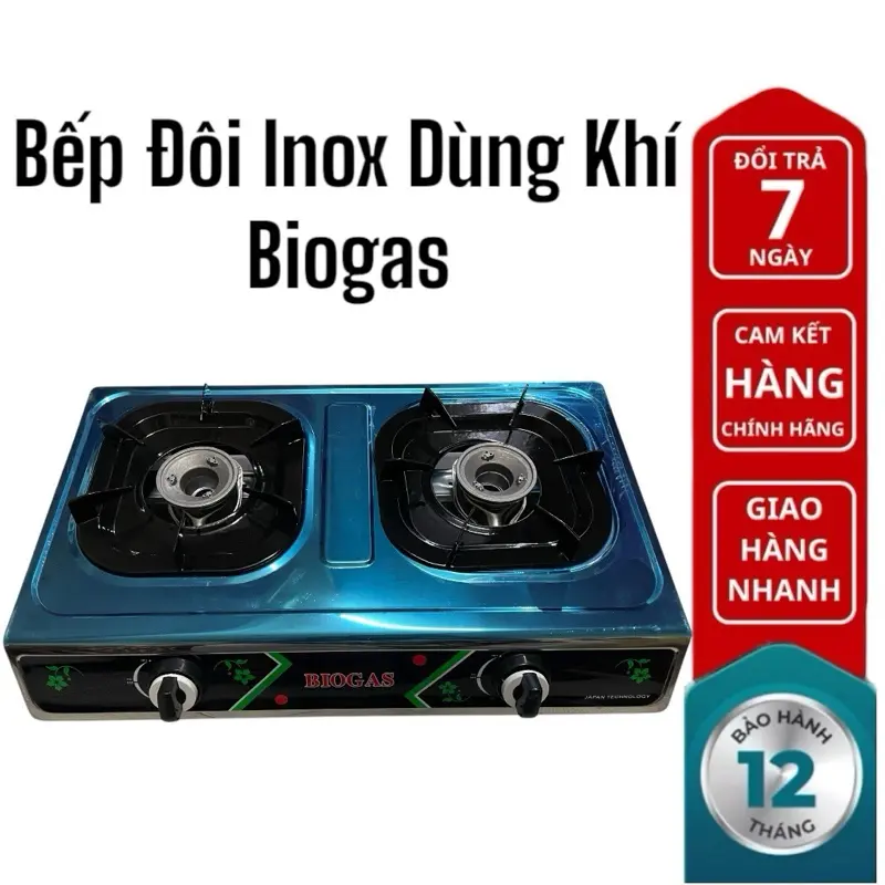 Bếp Biogas/ Bếp đôi Inox sử dụng khí Biogas/ Bếp dùng khí sinh học/Bảo hành 24 tháng