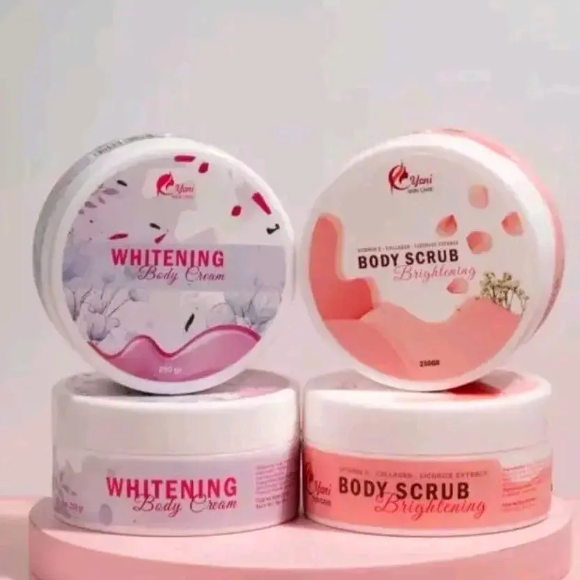 [BUNDLING YONISKIN] Body Bleaching / Body Cream Whitening - Body Scrub Brightening 250 GR With Vitamin E - Collagen -  Arbutin Mencerahkan Kulit Tubuh yang Kusam Extract Glycolic Acid Greentea