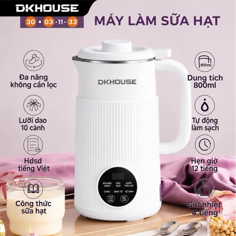 Máy Làm Sữa Hạt DKHOUSE Cối Inox Bản Tiếng Việt Đa Chức Năng Nấu Dung Tích 800ml