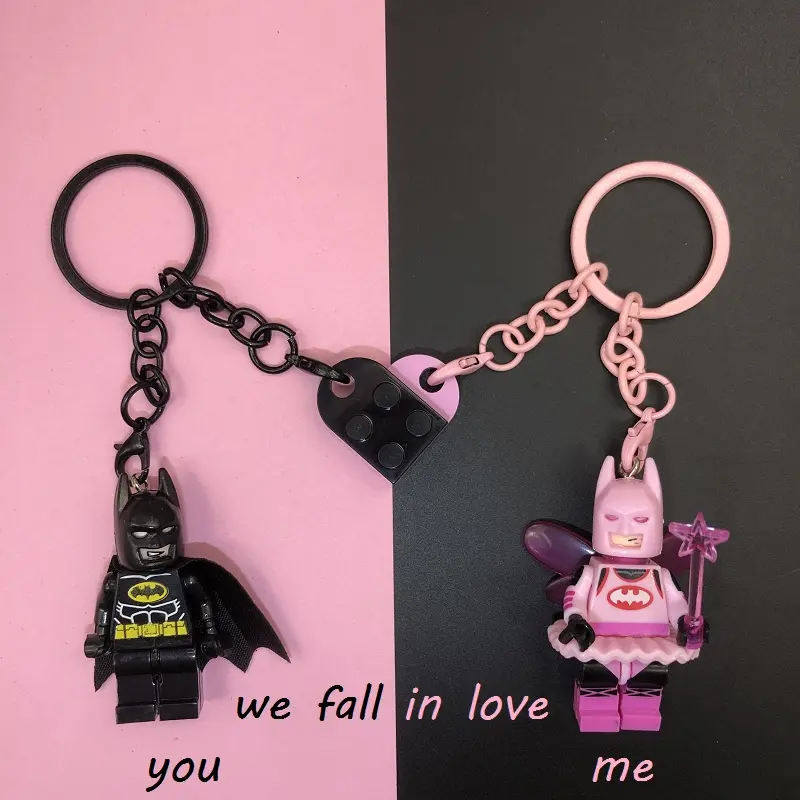 Cute PINK AND BLACK Batman Couple minifigure keychain Lovely keychain Colorful Cute   Couple Keychain, Backpack Decoration Colorful Chain, Suitable for building block minifigure