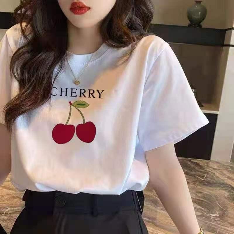Product Introduction of Western style short sleeved printed summer new white shoulder half sleeved casual style sports top loose and versatile slimming T-shirt 19