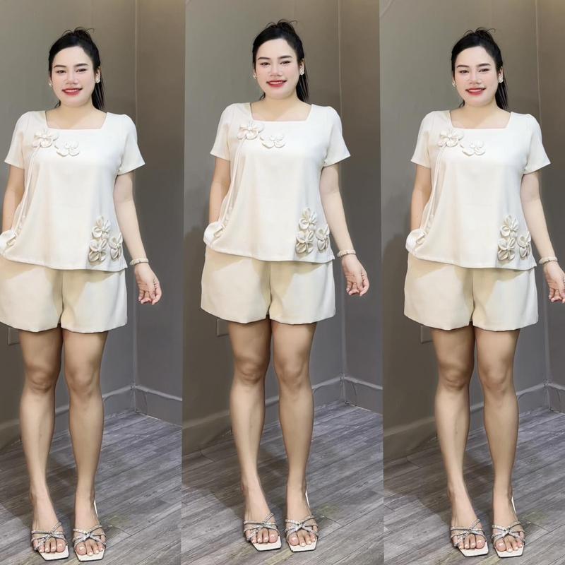 MỚI - Set Cổ Vuông Đính Hoa Nổi Kèm Quần Đùi Thiết Kế Sang Chảnh  Bigsize 55KG - 95KG Cho Nữ Đi Làm Đi Chơi