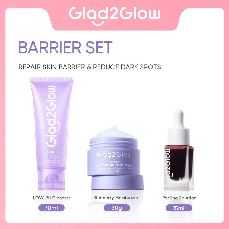 [New] Glad2Glow 3 in 1 Peeling solution Bundle - 3Pcs Barrier Skincare Paket-Peeling solution+Blueberry Moisturizer+Cleanser Ceramide Kering Membersihkan Wajah Acid Cooling Kotoran Mencerahkan Glycolic Melembutkan Berjerawat Extract Pha Lactic Exfoliating 4