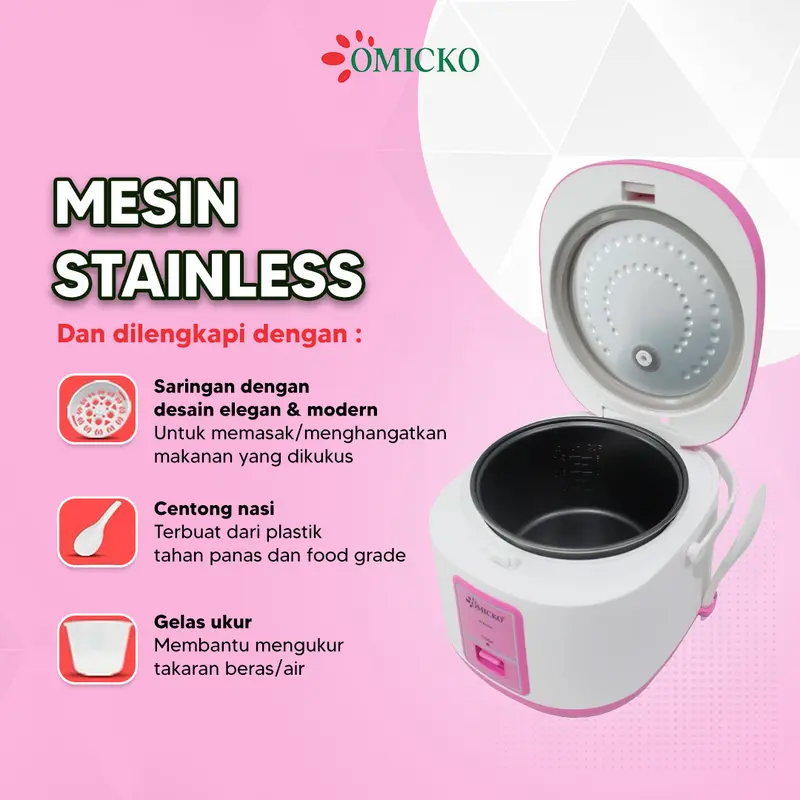 OMICKO Rice Cooker 1.8 Liter 3in1 Penanak Nasi /Pengukus Makanan/Penghangat makanan Wadah Stainess Sudah SNI Hijau Listrik Pink 5