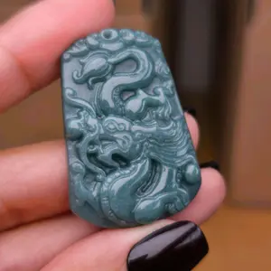 Liontin giok ukir shio naga deep blue water bersertifikat