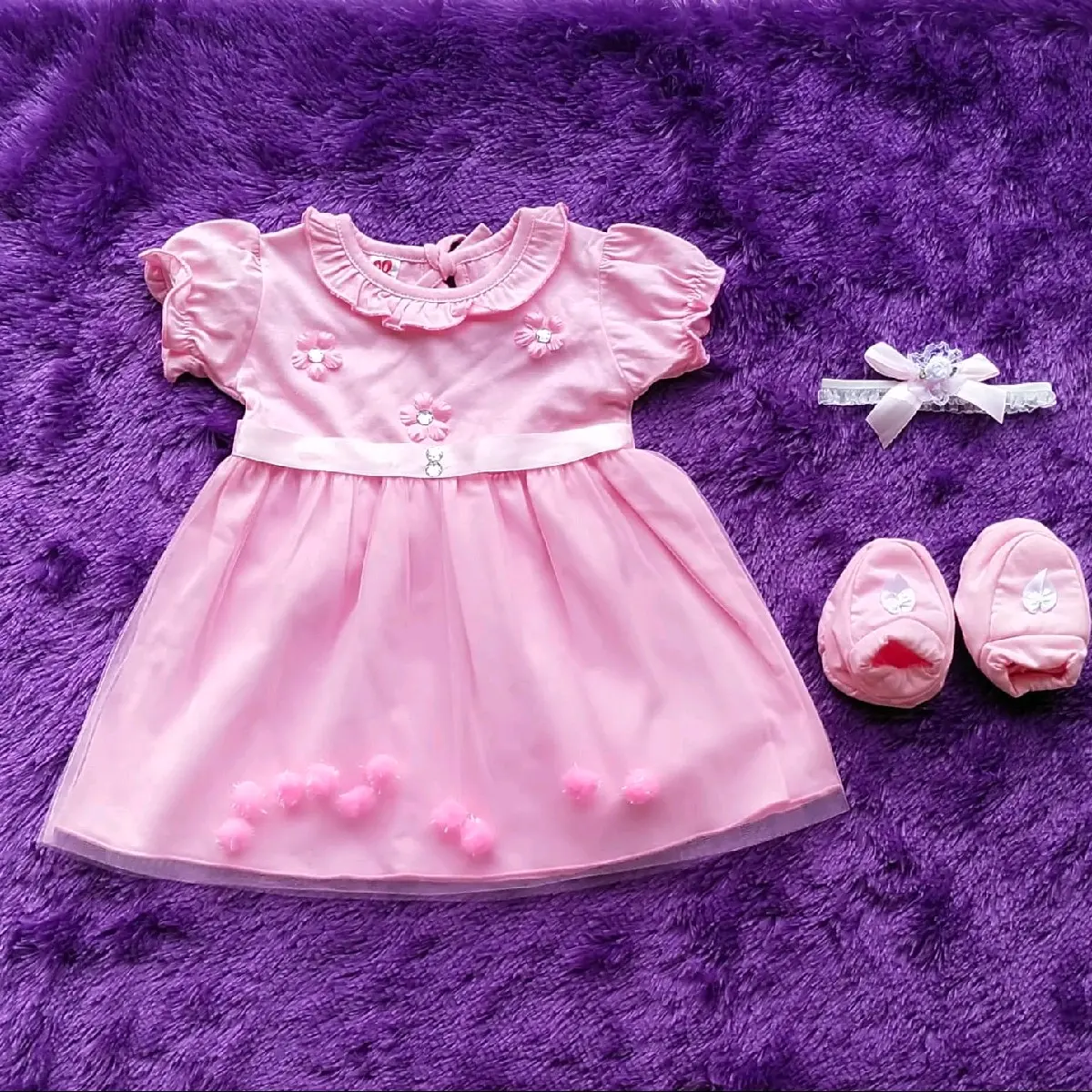 Dress Bayi Pink/dress 1 set/Baju Bayi Newborn/Dress bayi perempuan/Baju bayi 4 in 1/gift set/baby set/Gaun Korea/Gaun pesta/Gaun pesta ulang tahun/Baju Bayi 0-12 bulan/ Fashion Anak/Contton/PURPLE BABY Cotton Bola